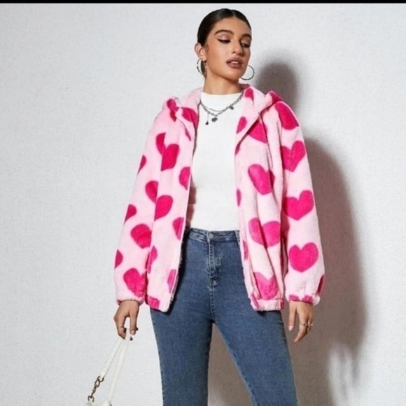 Jackets & Blazers - Women’s Plush  Hooded Jacket Size Medium Pink Hearts
